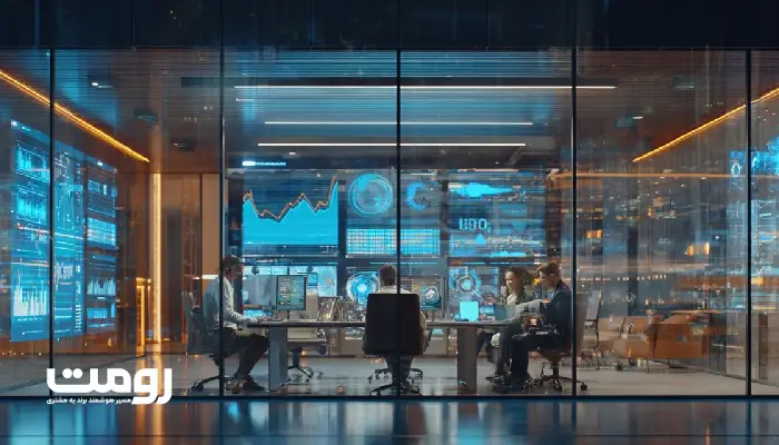 آزمایشگاه بازاریابی مدرن با تیمی از تحلیلگران و طراحان که در حال همکاری بر روی دادهها و طراحی برند هستند.